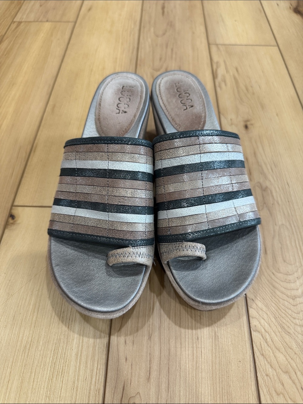 Luca Striped Metallic Slide Mules in Taupe/Black
